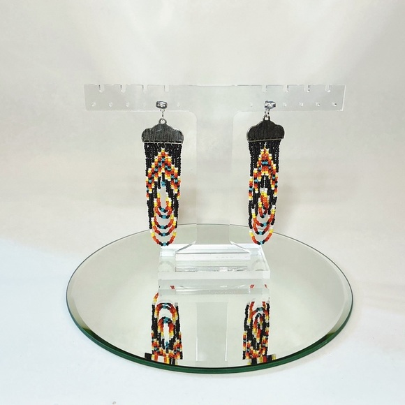 Southwestern Seed Bead Tassel Earrings Hand Crafted Sterling Silver Hardware - Picture 5 of 6